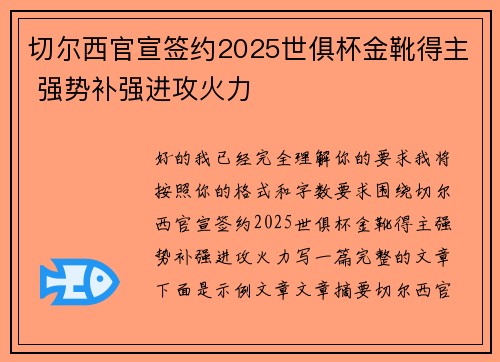 切尔西官宣签约2025世俱杯金靴得主 强势补强进攻火力